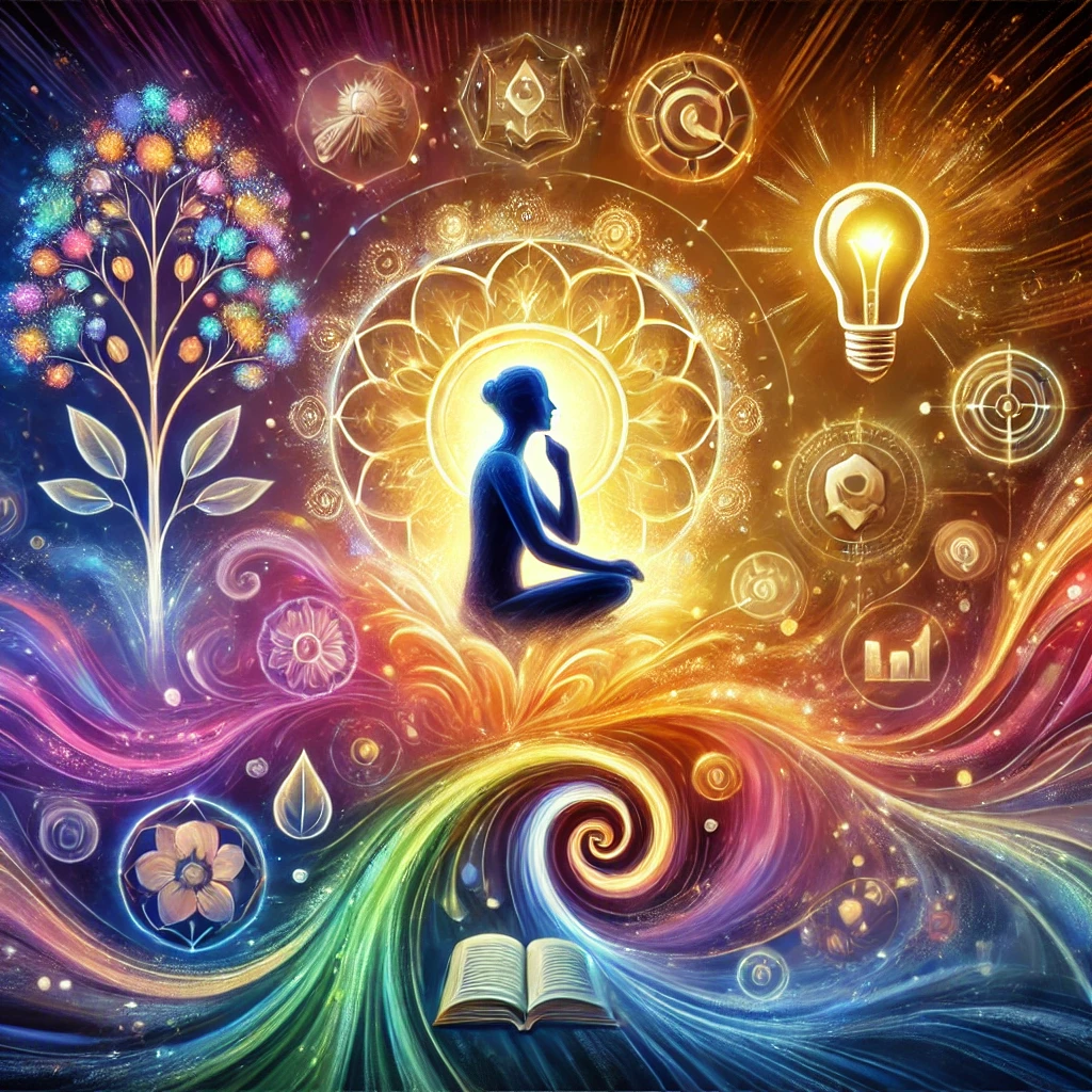 DALL·E 2024 09 02 22.15.22 A vibrant illustration symbolizing personal growth and development. In the center a person in a contemplative pose is surrounded by glowing swirling 1