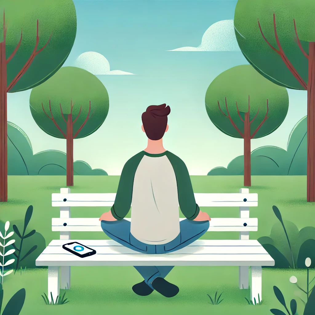 DALL·E 2024 09 08 21.31.51 A serene person sitting on a bench in a park with their phone turned off and placed beside them. They are breathing deeply surrounded by nature and