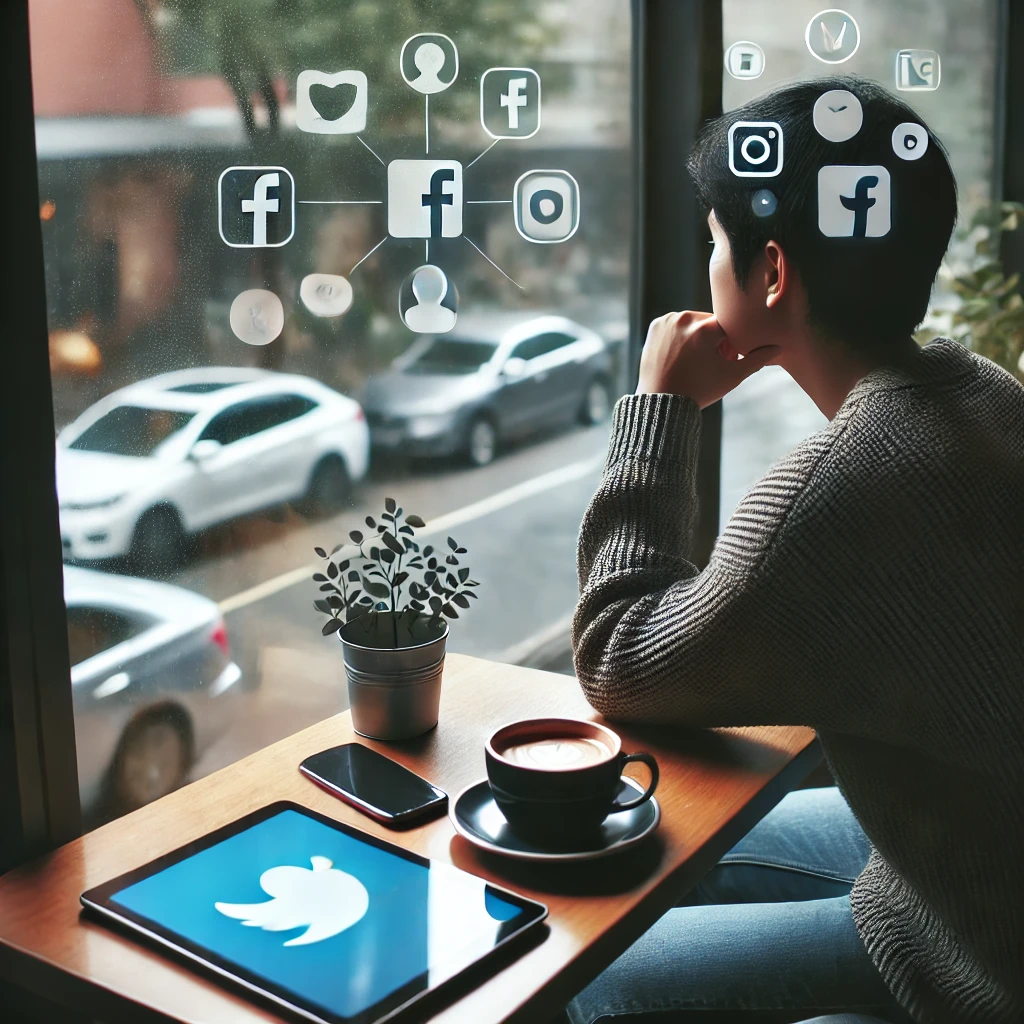 DALL·E 2024 09 08 21.35.25 A person sitting in a cafe with a tablet and phone placed face down on the table. The person is looking outside the window enjoying the surroundings